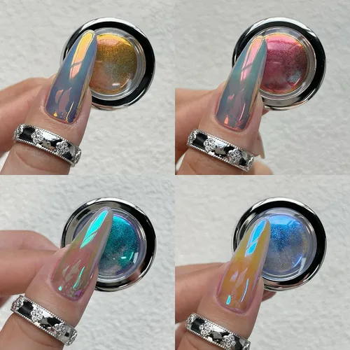 Miniatura 5 de Fcozpjk Polvo de uñas cromado, 4 colores, efecto espejo, camaleón, cromado, polvo de uñas con gel de escultura 3D, polvo de uñas Aurora transparente