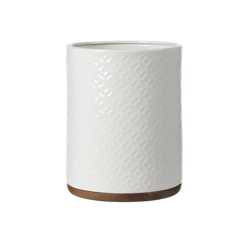 Papelera decorativa de cerámica con base de madera (blanco y beige)
