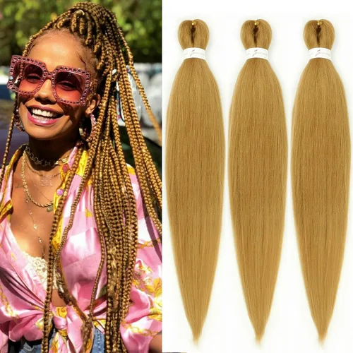 Miniatura 64 de Cabello trenzado marrón preestirado de 30 pulgadas, 3 paquetes de cabello trenzado preestirado de color 30 EZ, textura Yaki, extensiones de cabello