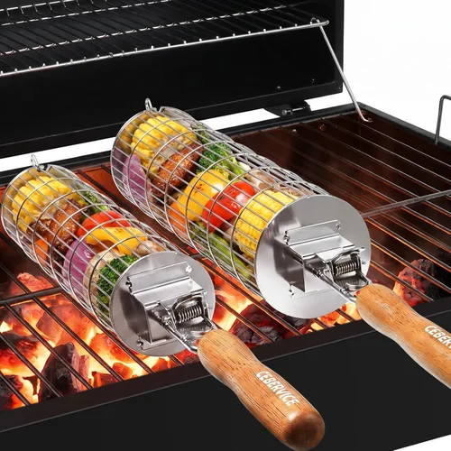 Miniatura 9 de Cesta de parrilla rodante, acero inoxidable SUS304, mango de madera extraíble, cesta de parrilla de barbacoa cilíndrica redonda, parrilla de cocina