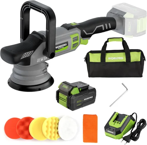 WORKPRO Pulidora de búfer de coche inalámbrica de 5", pulidora sin escobillas profesional de 20V con batería de 4.0Ah, pulidora de automóviles