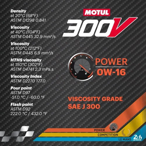 Miniatura 6 de Motul 110855 300V 0W-16 POWER Car Racing Motor Aceite Aceite Completo Sintético Motor Lubricante 2 Litros Alto Rendimiento 4 Tiempos Ester Core