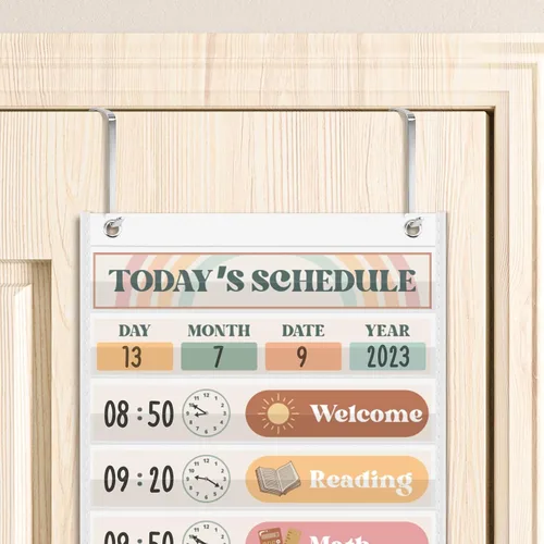 Miniatura 4 de Boho Tabla de Bolsillo con Horario Diario para el Aula con 24 Tarjetas, Decoración de Bienvenida para el Regreso a la Escuela, Blanca