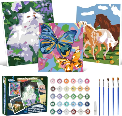 Pintura por números para niños de 8 a 12 años - Juego de pintura acrílica, pintura por números, brilla en la oscuridad, manualidades DIY, incluye 3