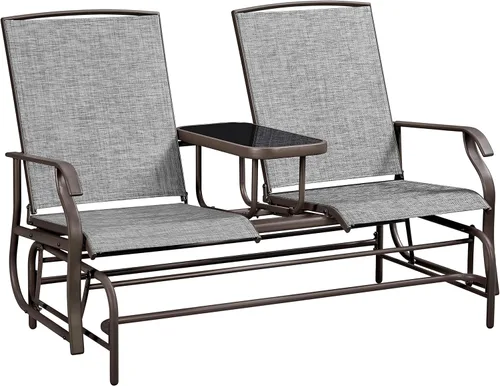 Miniatura 10 de Yaheetech Planeador de 2 asientos para exteriores con mesa central, sofá biplaza mecedora para patio con marco de metal resistente de malla Beige