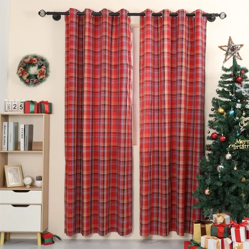 Miniatura 10 de Juego de 2 cortinas tartán escocesas clásicas semi opacas con ojales en la parte superior, lavables a máquina, verde y rojo, 52 pulgadas de ancho x