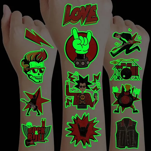 8 hojas (96 unidades) de tatuajes de rock n roll temporales con temática de rock para decoración de fiesta de cumpleaños, suministros de fiesta,