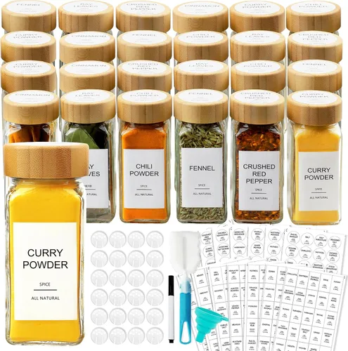 AISIPRIN Tarros de especias de vidrio con 398 etiquetas, 24 piezas de recipientes de especias de 4 onzas con tapas de bambú, botellas cuadradas de