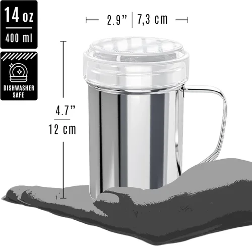 Miniatura 5 de CUSINIUM Shaker de azúcar en polvo de 14 onzas con asa, malla fina, con tapa de plástico, paquete de 2
