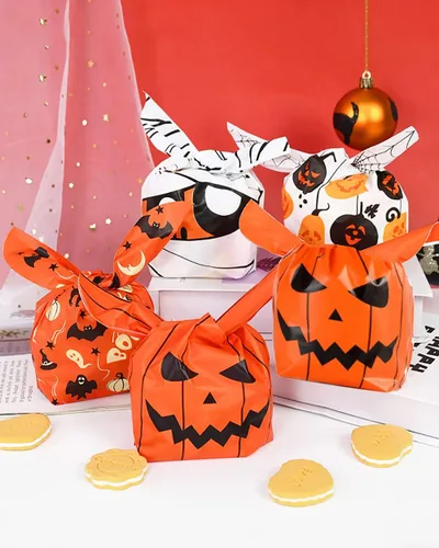 Miniatura 2 de Weenkilly 100 Bolsas de Golosinas de Halloween, 4 Estilos de Bolsas de Dulces para Niños, Linda Bolsa de Golosinas con Orejas de Conejo de Plástico