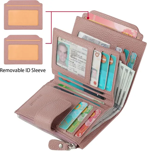 Miniatura 2 de Lavemi Pequeña cartera compacta para mujer, con bloqueo RFID, de piel auténtica, plegable, con ventanas de identificación