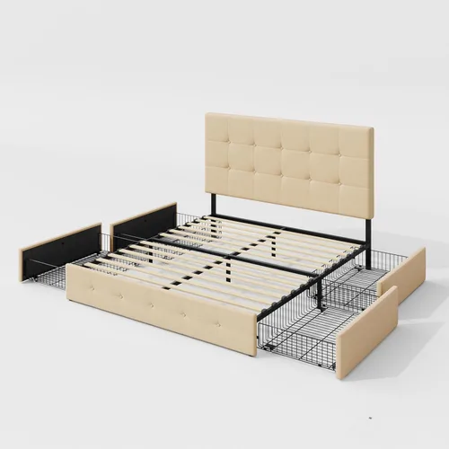Miniatura 9 de Allewie - Base de cama tapizada de tamaño Full con plataforma, con 4 cajones de almacenamiento y cabecera, diseño cosido en cuadrados con botones