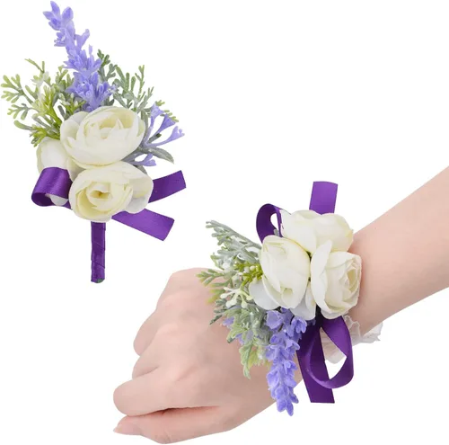 Miniatura 12 de 6 piezas de flores artificiales para boda, ramillete de simulación de rosas pequeñas moradas, accesorios de flores artificiales para novia, novio
