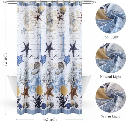 Miniatura 6 de Cortina de ducha costera con temática de playa, decoración náutica del océano con faro, conchas marinas, estrellas de mar y coral, tela de poliéster