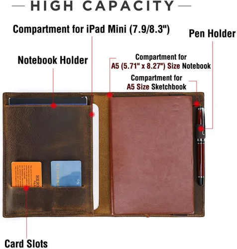 Miniatura 4 de Top Grain Leather - Padfolio de 8.3 pulgadas para hombres y mujeres, diseño vintage hecho a mano, organizador multifuncional de cartera de negocios
