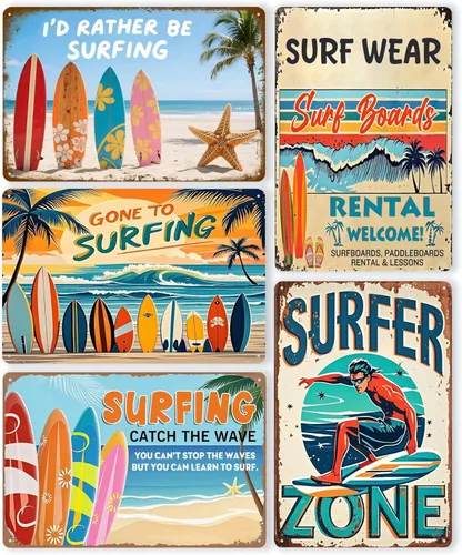 Letreros de metal vintage, decoración de pared de tabla de surf de playa, tema de océano tropical, juego de 5, estilo retro para el hogar,
