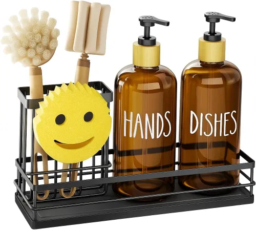 Moforoco Juego de dispensador de jabón para platos de cocina, botella de vidrio de 16 onzas, dispensador de jabón para manos y platos, bandeja de