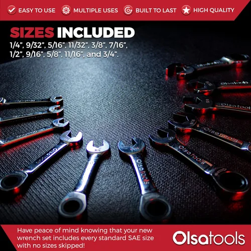 Miniatura 2 de Olsa Tools Juego de llaves de trinquete SAE de 11 piezas, 120 dientes, tamaño rechoncho, acero al cromo vanadio 11 piezas - Sae