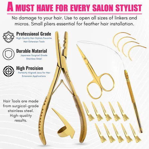 Miniatura 3 de El kit de herramientas de extensión de cabello incluye 2 alicates para prensar microeslabones con microcuentas, 12 clips de seccionamiento, Dorado