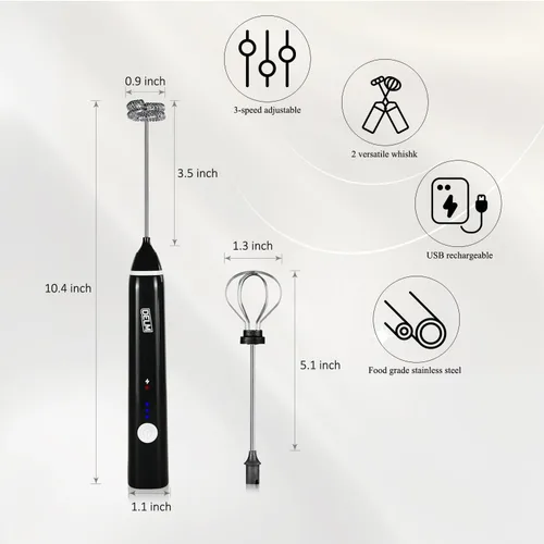 Miniatura 2 de Delm Espumador de leche eléctrico USB de acero inoxidable, espumador para lattes, espumador de leche de mano para capuchino, frappé, matcha, Negro