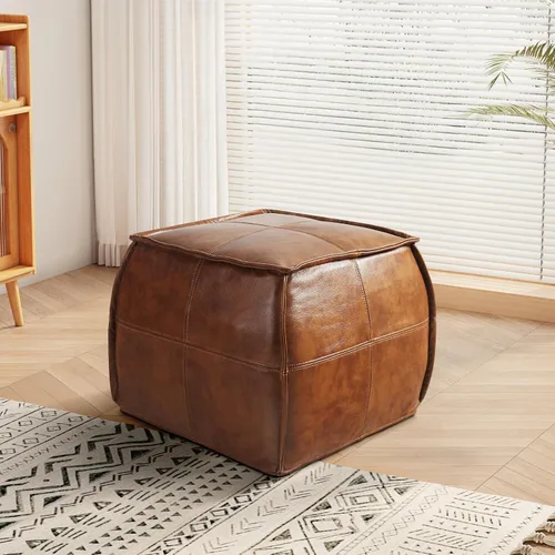 Miniatura 9 de Otomano Redondo de Cuero, Otomano Relleno Hecho a Mano, Puf de Cuero Genuino, Puf Reposapiés, Asiento Cómodo y Suave para Sala de Estar y Dormitorio