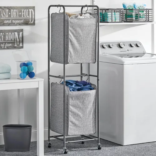 Miniatura 2 de mDesign Cesta vertical apilada para ropa sucia con ruedas, portátil, 2 bolsas extraíbles para organizar ropa, lavandería, luces, oscuridades, marco