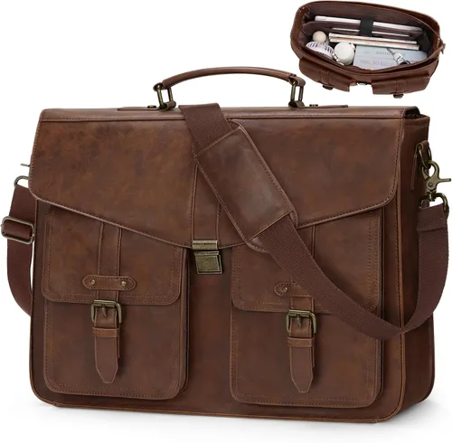 Miniatura 8 de RAINSMORE Bolsa de mensajero para hombre de 17 pulgadas, maletín para computadora portátil, impermeable, de cuero, para trabajo, oficina, viajes