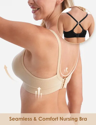 Miniatura 3 de HOFISH Brasier de lactancia para lactancia materna, bralette inalámbrico con almohadillas, extensores y clips, paquete de 3 unidades S-XXL