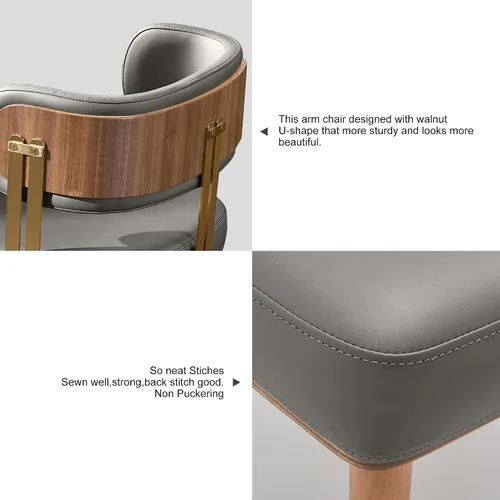 Miniatura 6 de ARTPLAN Silla de comedor moderna de mediados de siglo, sillas de cocina tapizadas de cuero con chapa de madera de nogal y patas de metal dorado, Gris