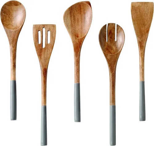 Miniatura 9 de Folkulture Cucharas de madera para cocinar, juego de 5 utensilios de madera de acacia prémium de 12 pulgadas, acabado liso, juego de utensilios