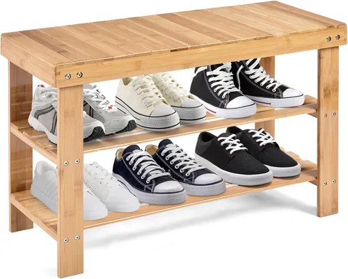 Miniatura 8 de Giantex Banco de zapatos de entrada, organizador de zapatos de bambú con capacidad para hasta 6 pares, 3 niveles de almacenamiento de zapatos Negro