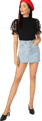 Miniatura 5 de OYOANGLE Blusa casual de verano de manga corta con encaje y cuello alto falso para mujer