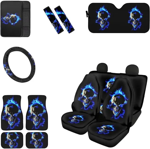 Miniatura 9 de Juego de 13 piezas de accesorios de automóvil de calavera con rosa roja, incluye fundas de asiento delantero y trasero, parabrisas de automóvil