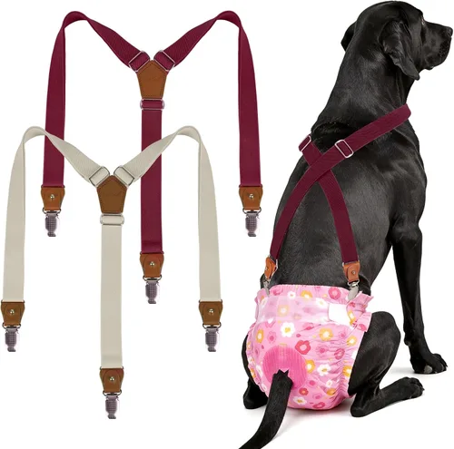 Pet Soft Tirantes para perras, 2 piezas de tirantes para pañales para perros, falda para perros, vestido para perrito (color marrón y borgoña, M/L)
