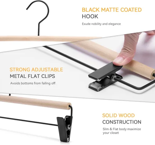 Miniatura 3 de Nature Smile Percha de madera de haya para pantalones de mezclilla con 2 clips negros mate ajustables y gancho, paquete de 10