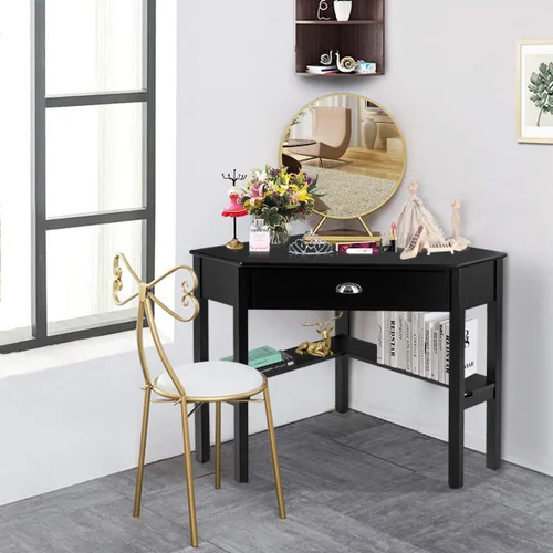Miniatura 7 de RELAX4LIFE Escritorio esquinero para computadora triangular con cajón y estantes, mesa estable para computadora portátil, escritorio para oficina