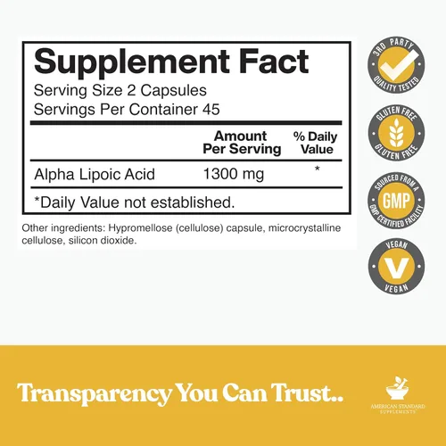 Miniatura 2 de American Standard Supplements Ácido alfa lipoico 1300 mg por porción, vegano, sin gluten, sin OMG, 60 cápsulas, 30 porciones