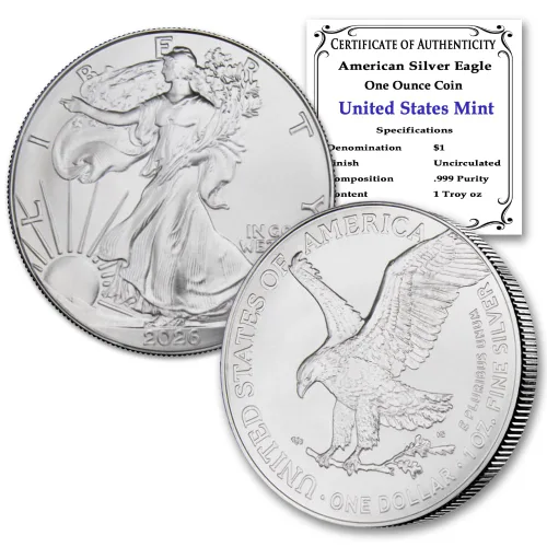 Moneda Águila Americana de Plata 2026-1 oz Brillante Sin Circular con Certificado de Autenticidad $1 Vendedor BU