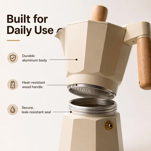 Miniatura 4 de ANGORA BRANDS Vondra - Olla de aluminio para moka (2 a 6 tazas), cafetera espresso para estufa, cafetera italiana clásica, cafetera percoladora
