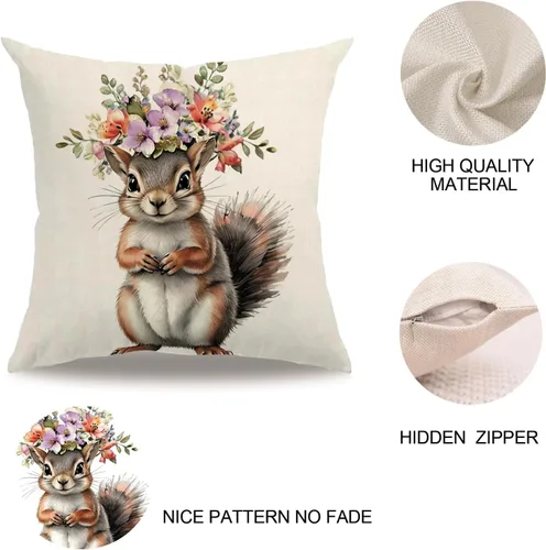 Miniatura 6 de Fundas de almohada con diseño de animales, 18 x 18 pulgadas, diseño de ardillas florales, acuarela, vida silvestre, diseño de flores, temporada