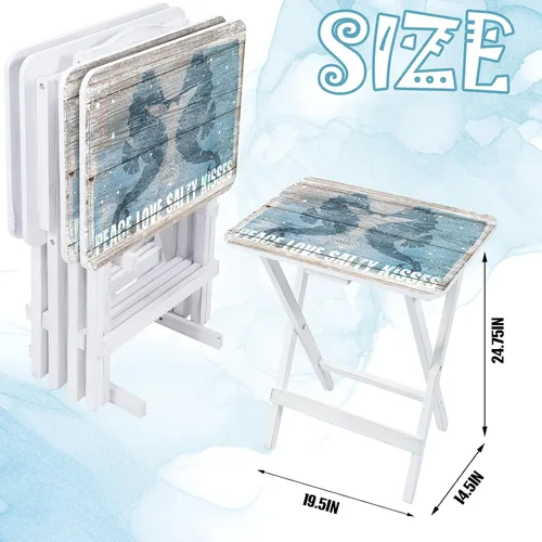 Miniatura 4 de Sintuff Juego de 4 bandejas de TV de playa costeras con soporte, cabo, artesanos, sirena, plegable, de madera, decorativa, mesa de comedor, casa