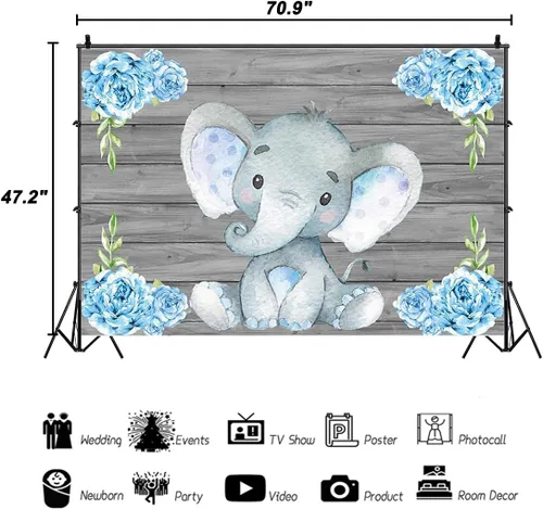 Miniatura 3 de AOFOTO - Fondo decorativo para baby shower, de vinilo, elefante azul