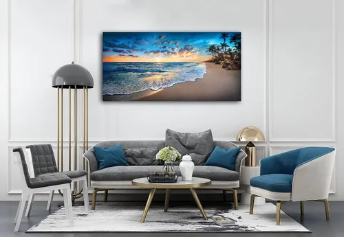 Miniatura 2 de Jiuqinghua Impresiones en lienzo para pared, pinturas de paisaje oceánico de playa azul, 1 panel, puesta de sol, olas del mar, decoración de pared