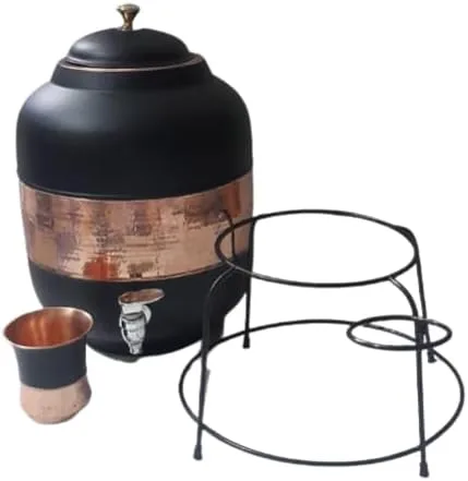 Miniatura 4 de Ornate International Pure Copper Water Dspenser/Matka/Enfriador de agua/Storae Water 14 litros con 11.8 fl oz de vidrio de secuencia media Negro