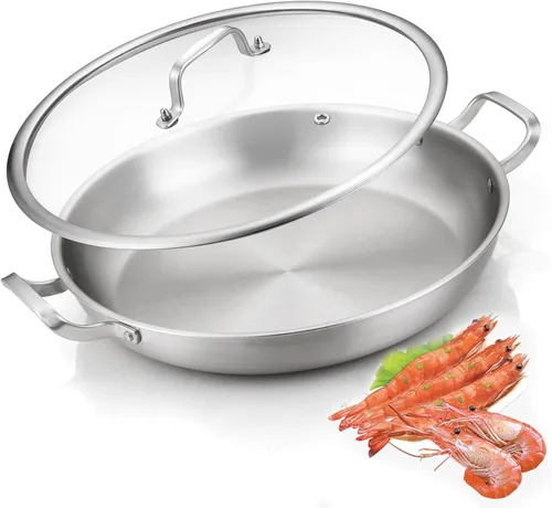 Miniatura 11 de Yeksum Paella de tres capas de acero inoxidable de 14.5 pulgadas, 12 porciones con tapa, sartén grande antiadherente 18/10, olla jumbo, bandeja