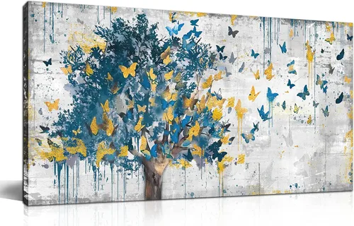 Miniatura 9 de Kepgonegu Arte de pared de árbol de la vida grande para sala de estar, paisaje, impresiones en lienzo coloridas de mariposas para dormitorio