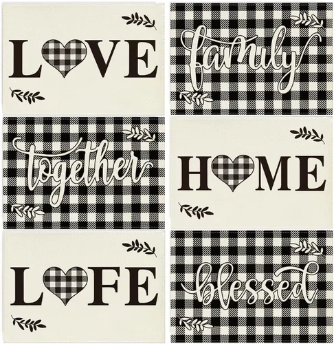 Artoid Mode Love Family Together Home - Juego de manteles de cuadros búfalo de 6 piezas, 30x46 cm, manteles de mesa de temporada para decoración de