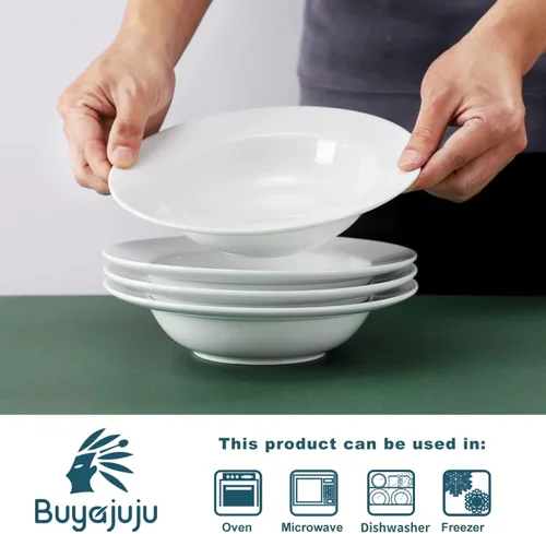 Miniatura 3 de Buyajuju Juego de 4 platos de sopa redondos de porcelana, cuencos para pasta, cuencos clásicos de sopa profunda, cuencos con borde de cerámica, 9.1