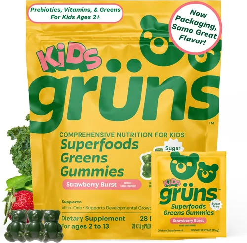 Gruns Multivitamínico para niños, sin azúcar, superalimento Super Greens con 20 vitaminas y minerales, alfalfa, espirulina, clorella, fibra
