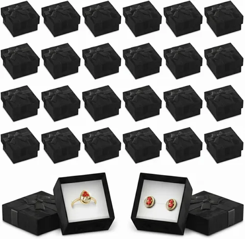 Juego de 24 cajas de regalo para anillos negros, cajas de regalo de joyería de diseño elegante, caja pequeña para aretes para regalo con nudo de